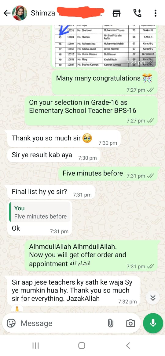 Text message of a student's success story