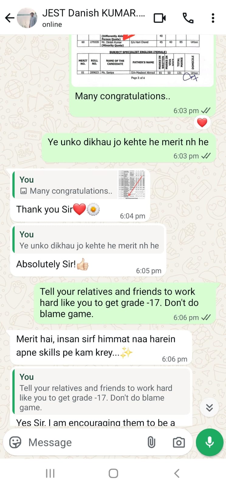 WhatsApp chat with positive review