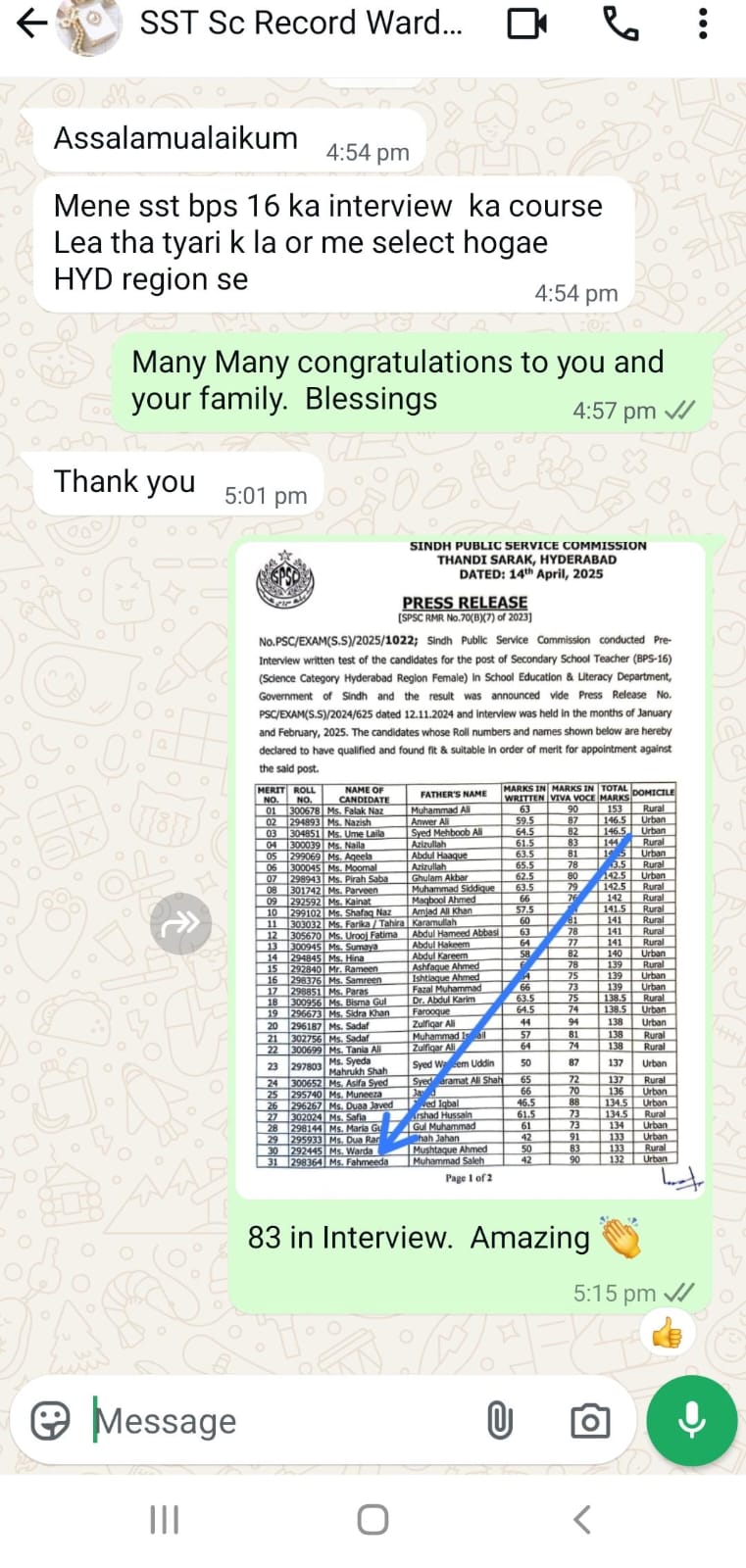 WhatsApp chat with thank you message